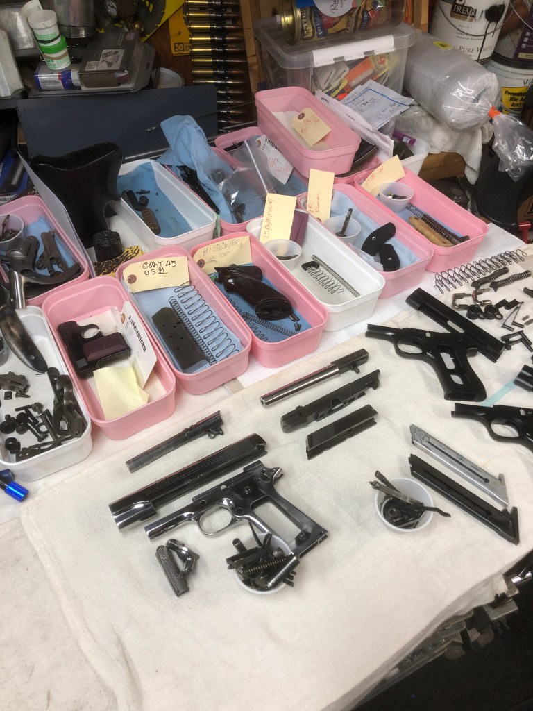 Pistols ready in line for bluing